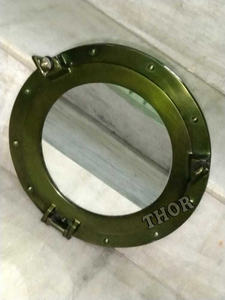 Antique Miroir de salle de bain en alun nautique de 11 pouces vert poli simple face grossissant Tenture murale Hublot Fenêtres en verre - Product Image 3