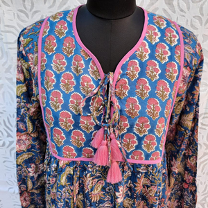 Vestido Largo Informal de Mujer con Estampado de Bloques de Algodón de Alta Calidad, Diseño de Cuello Redondo, Ajuste Holgado y Manga Larga - Product Image 1