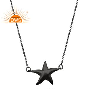 Longue chaîne en plaqué Rhodium noir, modèle étoile poisson, pendentif, collier bijoux en argent massif, fabrication de bijoux - Product Image 1