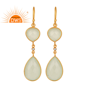 Boucles d'oreilles pendantes en argent 925 plaqué or avec pierre précieuse en calcédoine verte préhnite facettée, fabricant de bijoux - Product Image 1