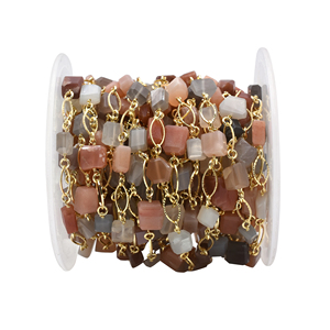 Peach & Gray Moonstone Nuggets Rosary Chain 10–12mm Brass 18K Gold Plated <b>Wire</b> Wrapped Gemstone Chain Sold by Foot - Product Image 1