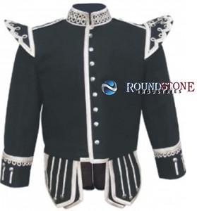 Cotton Long Sleeve Scottish Black Highland Doublet <b>Silver</b> Piping <b>Silver</b> Thistle Buttons Traditional Highland Dress <b>Jacket</b> - Product Image 1