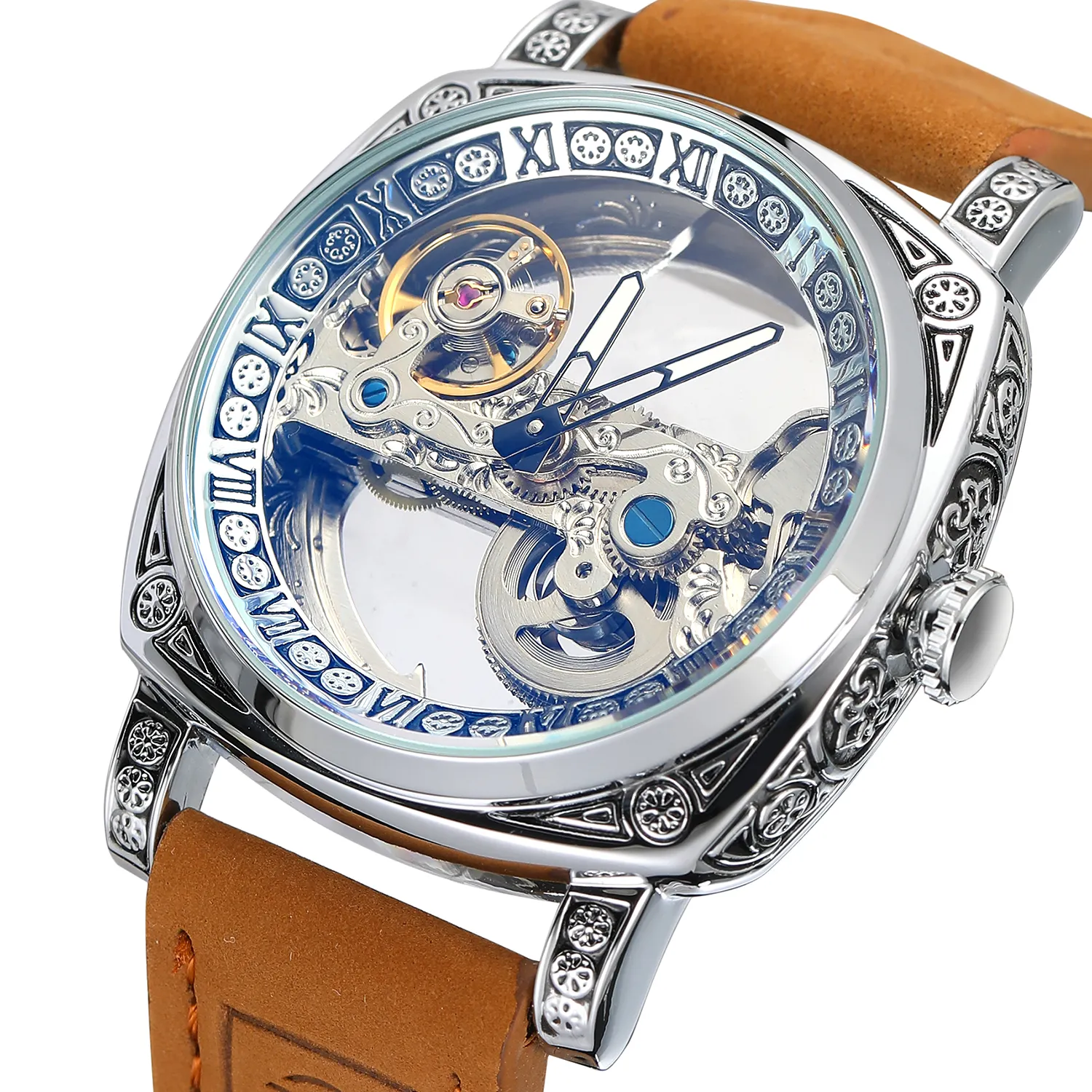 2023 New Design Forsining Factory Skeleton Automatic Men Watch Brown Genuine Leather Wrist Watch For Men