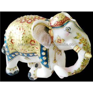 <b>Gold</b> Painted White Marble Elephant <b>Statues</b> - Product Image 1