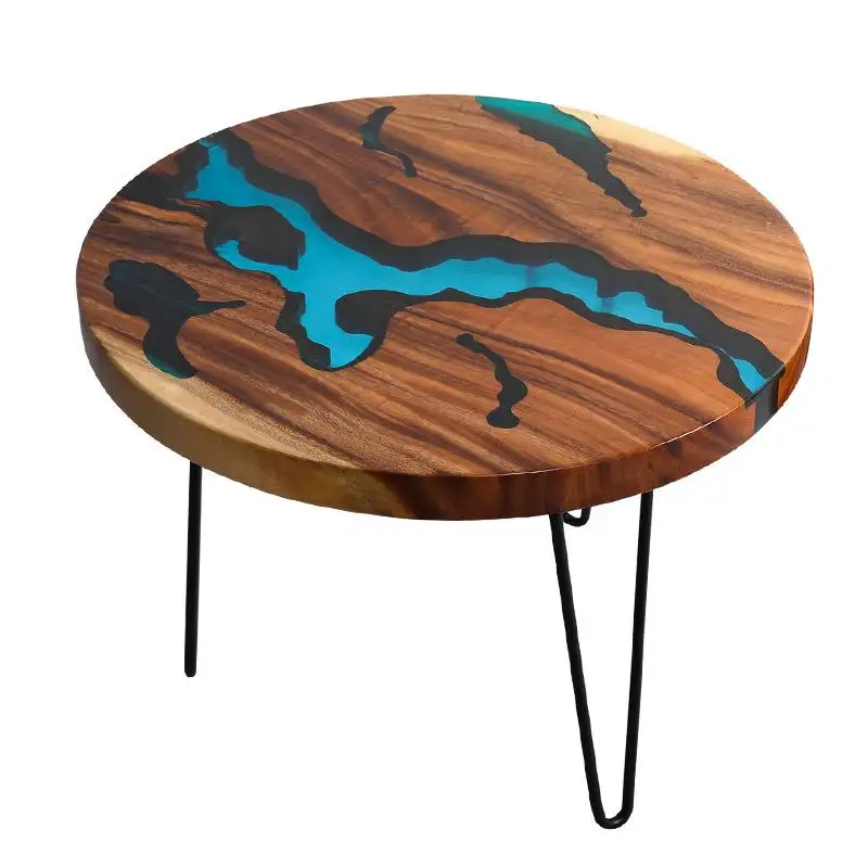 Table basse carrée en résine époxy à cadre métallique, mobilier moderne en bois