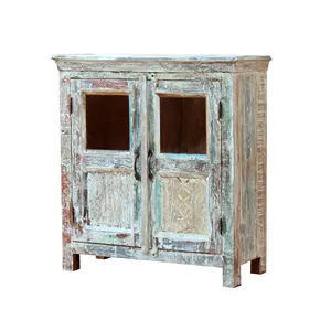 Vintage antique 2 glass door cabinet rustic reclaimed wood cupboard cabinet Indian wooden whitewashed small sideboard cabinets