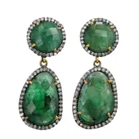 Gold Emerald Earrings Pave Diamond Jewelry Wholesale Indian Handmade Jewelry 925 Sterling Silver Gemstone Earrings Manufacturer