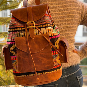 กระเป๋าเป้สะพายหลังหนังแท้ทำมือ ผ้าแจ็คการ์ด กระเป๋าเป้หนังวินเทจ - Product Image 2