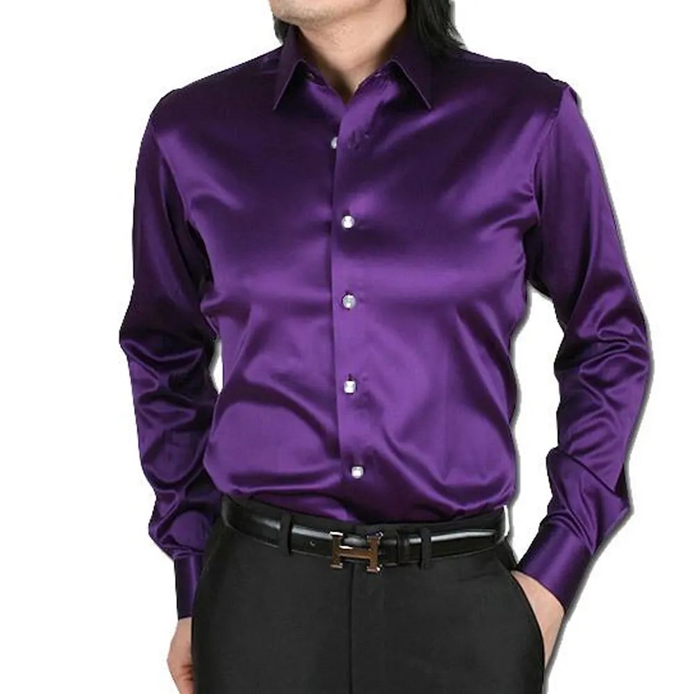 Latest Designs Smooth Silk Satin Shirt 2022 Men's Slim Fit Long Sleeve Button Down Dress Shirts at Wholesale
