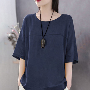Camiseta holgada de lino y algodón para mujer, Top de talla grande a la moda, liso, con cuello redondo, Top informal para mujer - Product Image 4