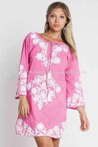 Ravishing Pink Bohemian Embroidered Cotton <b>Mini</b> Dress <b>Lantern</b> Sleeves Plus Size Women's Casual Tunic Summer Loose Contrast Color - Product Image 4