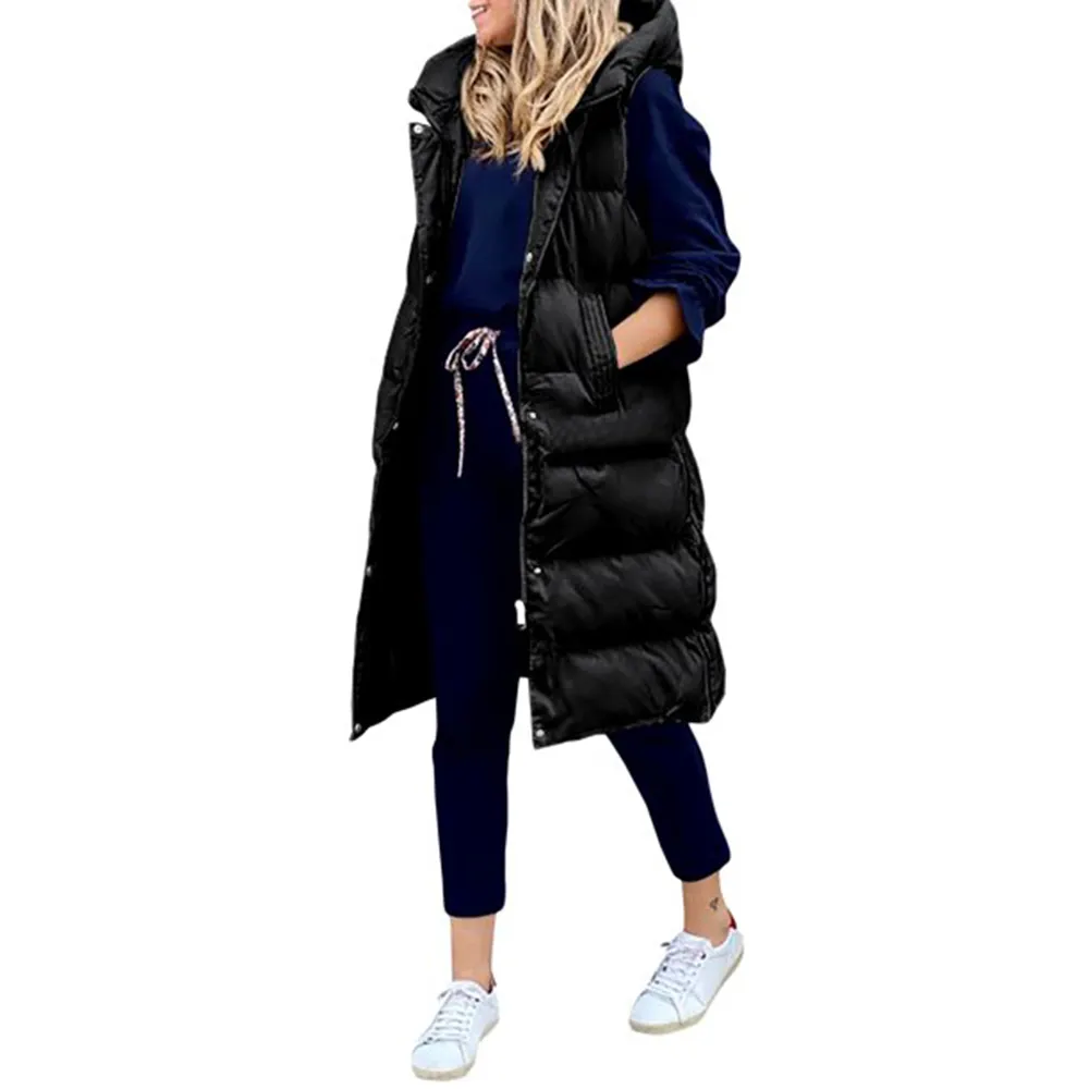 Hot Selling Women's Long Puffer Vest in Black Color With Hood Fashion Wear Bubble Vest For Girls
