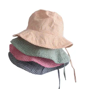 Wholesale With Low MOQ Hat For Girls And Boys Small Check Cotton Headwear With Laces Wide Brim Bucket Hat Made in Viet Nam