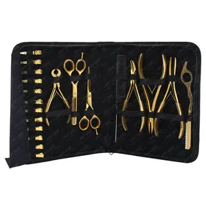 El kit de herramientas de extensión de cabello al por mayor incluye tijeras de corte, juego de alicates removedores de microcuentas de color dorado y Clips de seccionamiento