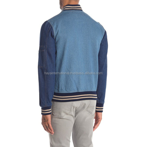 ขายส่งสีฟ้าอ่อน HIDVJ03ที่กำหนดเองถนนสวมใส่ที่มีคุณภาพสูงยีนส์แจ็คเก็ตที่มีแขนหนัง - Product Image 2