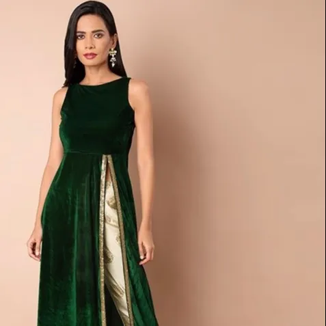المخملية الجبهة قطع نمط طويل كورتي بانت/CHURIDAR الهندي الباكستاني ملابس علوية مميزة & أسفل زوج أحدث 2021 الأزياء الجملة