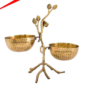 Ensemble de 2 bols de service ronds en métal doré de haute qualité avec support en forme de feuille de métal doré bol de service à puce et trempette 2025 - Product Image 1