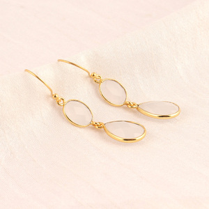 Pendientes colgantes de doble piedra, ovalados, de calcedonia blanca, conjunto de bisel chapado en oro, pendientes colgantes de alambre para la oreja, regalo - Product Image 5