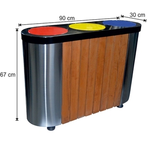 Garbage bin with Swivel Lid Wooden Decorative Recycling Set 3 Compartments. color coded recycling bin