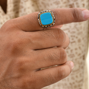 หินเทอร์ควอยซ์ธรรมชาติสองโทนทองเหลืองและเงินสไตล์ตุรกีเครื่องประดับแหวนเงินแท้925ของผู้ชาย - Product Image 4