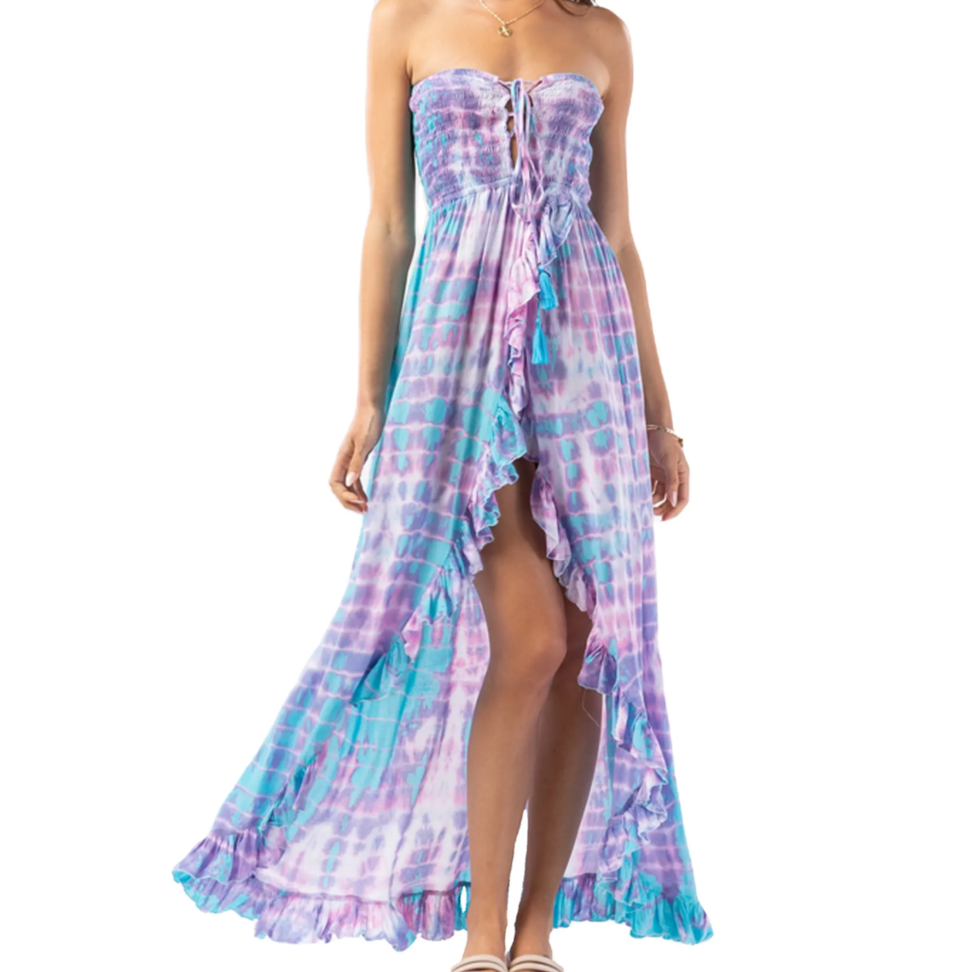 Exclusive Designer Tie Dye Rayon Women Backless Sexy Evening Night Party Wear Floor Length Summer Asymmetrical Maxi Tube Dress