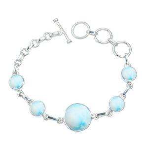 Pierre précieuse de Larimar naturel perles rondes lisses de haute qualité 925 Bracelet en argent sterling massif fait à la main 7-8 "de long - Product Image 2
