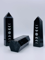 Tour sculptée en obsidienne noire et agate, pierre précieuse Feng Shui, phases lunaires, cristal de guérison, éclat doré, ambiance sorcière, païenne, pleine lune, nouvelle lune