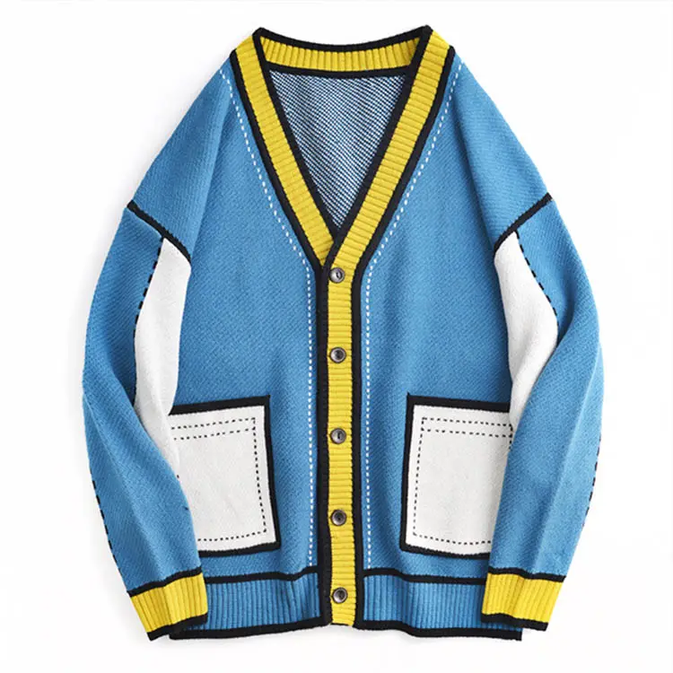 맞춤형 로고 남성 대형 가을 도매 니트 스웨터 컬러 블록 카디건 크로 셰 뜨개질 디자이너 니트 스웨터