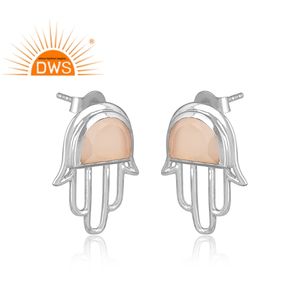 925 <b>Fine</b> Sterling Silver Natural Rose Chalcedony Gemstone Hamsa Design <b>Stud</b> <b>Earring</b> For Women Jewelry For Women Gift For Her - Product Image 2
