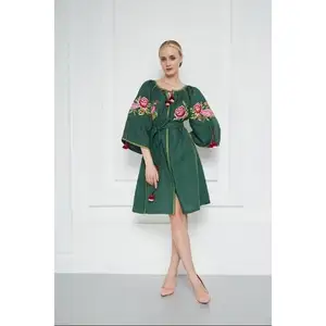 bright summer green color cross stich embroidery summer tassels short maxi length hippy boho style ukranianin dress