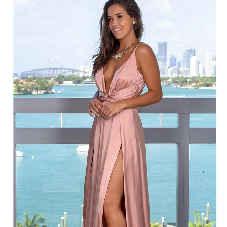 Comfortable Pink Women fashion clothing supplier silk maxi dress sexy back open evening dress