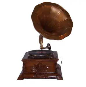 Antique Color Indian Vintage Handcrafted Brass Gramophone With Wooden Square Box Cheaply Available with Indian Manufacturer