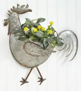 Metal Rooster Ornament Sculpture Wall Planter Home Decor Animal Ornaments for the Home Garden Planter