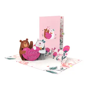 Eco-Friendly Best Quality Love Anniversary Thank You Valentine Polar Bear Couple Laser Cutting Handmade 3D Pop Up Card