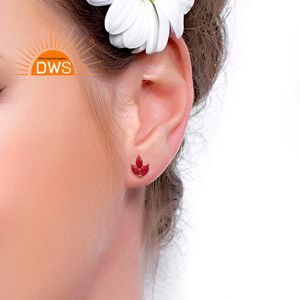 Leaf Shape Rose Gold Plated Stud Earrings 925 Silver Jewelry Supplier Ruby Corundum Gemstone Earrings - Product Image 4