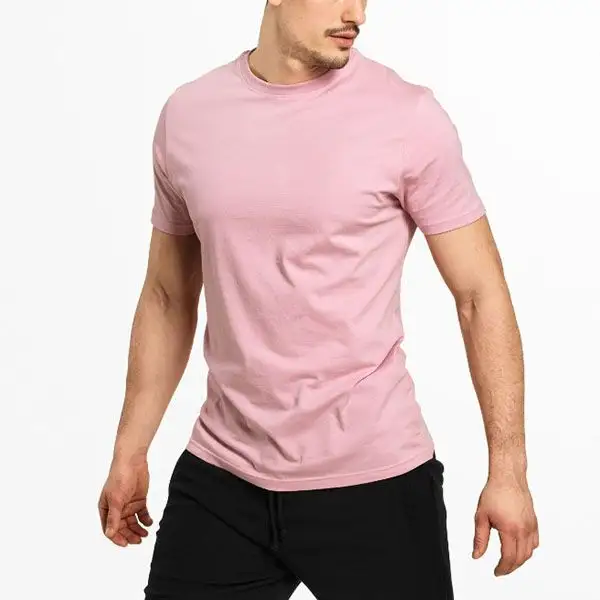 Yüksek kaliteli pamuklu yaz giyim erkek T shirt ile pembe renk Slim Fit tasarım