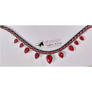 Bande de sourcils de course de chevaux en cuir rouge de qualité indienne faite à la main de style occidental avec cristaux suspendus et boucle de ruban adhésif ouvert - Product Image 2