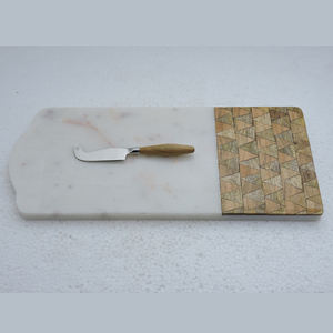 Planche à découper pour les légumes avec ceinture en cuir, outil de cuisine, design de luxe, cadeau en pierre de marbre et bois d'acacia, jeu de couteaux - Product Image 6