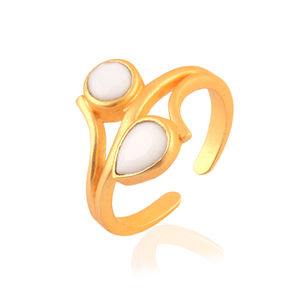 Bague Double pierre en Agate blanche, forme ronde, Design classique, Unique, plaqué or mat, ouvert, réglable, anneaux empilables, bijoux - Product Image 5