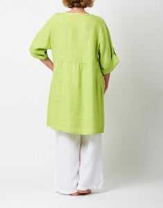 Robe tunique en lin vert lime, col rond, manches trois quarts, coupe ample, longueur midi, avec poches, tenue décontractée d'été - Product Image 4