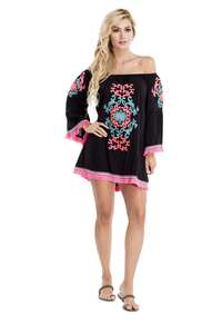 Robe de plage brodée Style bohémien, caftan, avec épaules dénudées, manches longues, tunique à ourlet froncé, Cool, costume de bain - Product Image 3