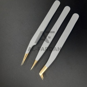 แหนบต่อขนตาสแตนเลสเคลือบสีขาวปลายแหลมสีทองพร้อมที่ยึดจับเพชรเคสแม่เหล็ก - Product Image 2
