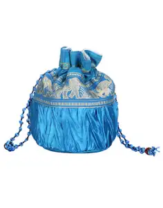 Turquoise Satin & Art Silk Olifant Patch Werk Pouch Zijde Potli Tassen Designer Handgemaakte Vrouwen Pouch Wieden Potli Tas gift