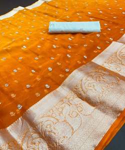 Meilleur prix Apparelgarment Gorgeous Look Banarasi Soie Imprimé Blouse non cousue pour les femmes indiennes Réception Travail Saree Coton - Product Image 3