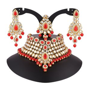 Indian Kundan Jewelry <b>Set</b> Gold Plated Choker with <b>Crystal</b> Faux Pearl Necklace Earrings Maang Tikka Head Chain for Karwa Chauth - Product Image 3