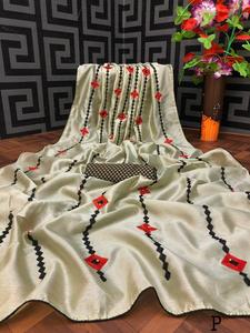 Dernier festival attrayant Saree Katan soie avec travail brodé et travail de conception de fleurs et chemisier non cousu femmes Saree Apparelgarment - Product Image 4