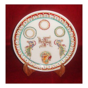 Round White Marble Gold <b>Painted</b> Pooja Thali Set For Home Decoration - Product Image 1
