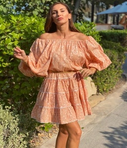 Peach Floral Print Elegant off Shoulder Bohemian Layer Dress with Small Scallop Trim Puff Sleeve 100% Cotton Party Wear Short - Product Image 2