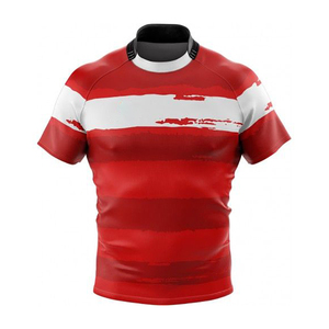 Camiseta de rugby blanca y roja personalizada con diseño sublimado Conjunto deportivo transpirable y cómodo con logotipo personalizado y opciones de tamaño - Product Image 1