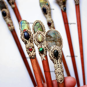 Labradorita-varilla de madera natural para el pelo para mujer, accesorios para el cabello con mango de cristal y varita de bruja con arcilla polimérica - Product Image 4